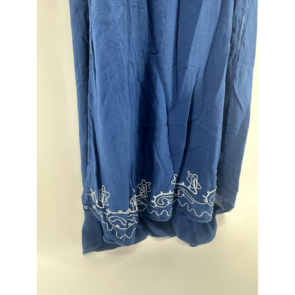 Blue Embroidered Boho Midi Dress Womens Loose Fit Caftan Peasant Beachy Flowy - Picture 8 of 9